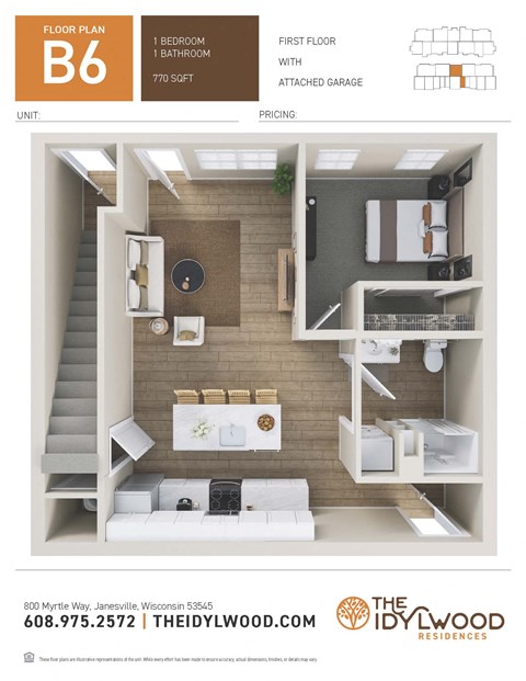Floor plan for 1 bed, 1 bath, 857 sqft